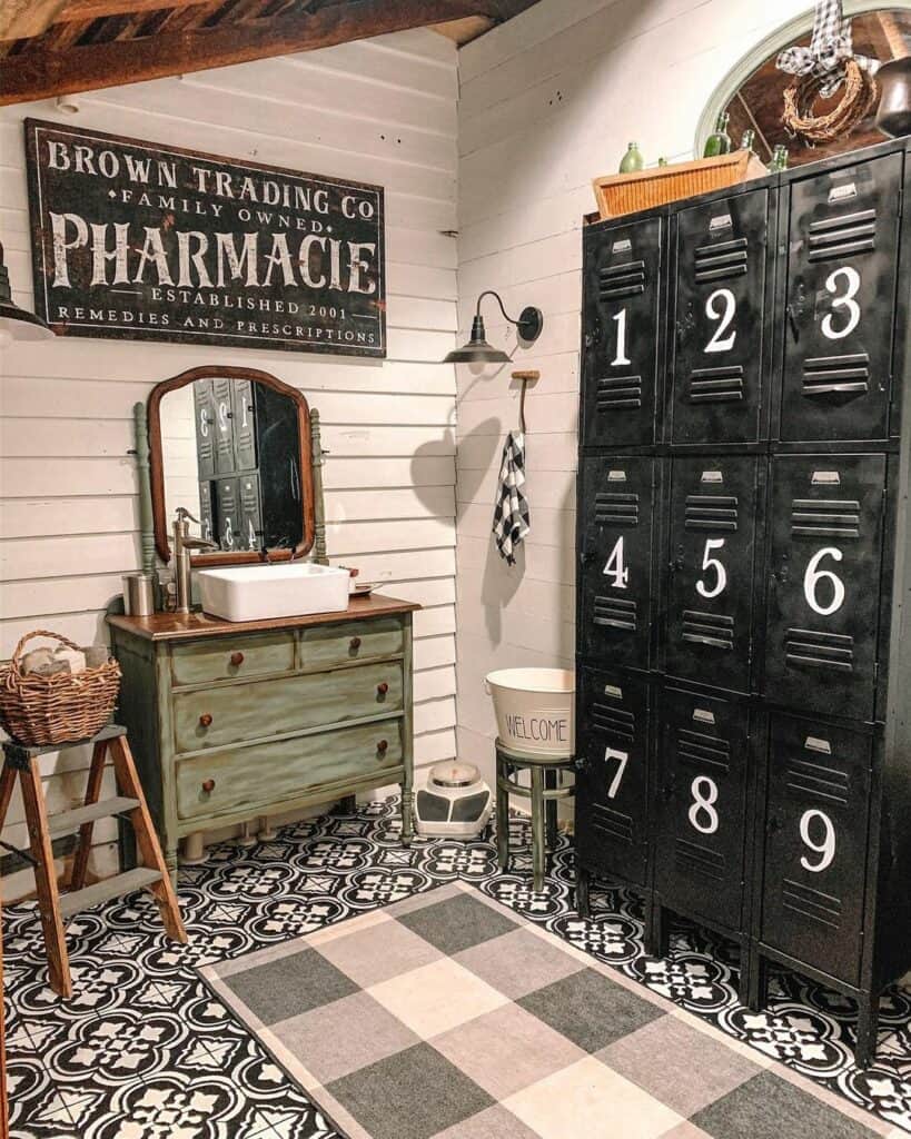 Rustic Green Vanity with Wood Bathroom Countertop