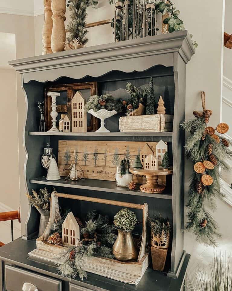 Rustic Hutch with Winter Farmhouse Decorations