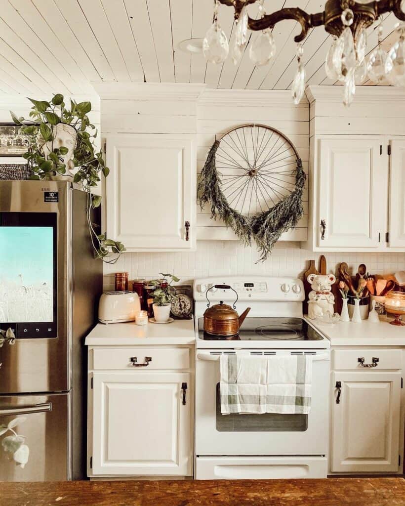 Rustic Kitchen with Bicycle Tire Wall Décor