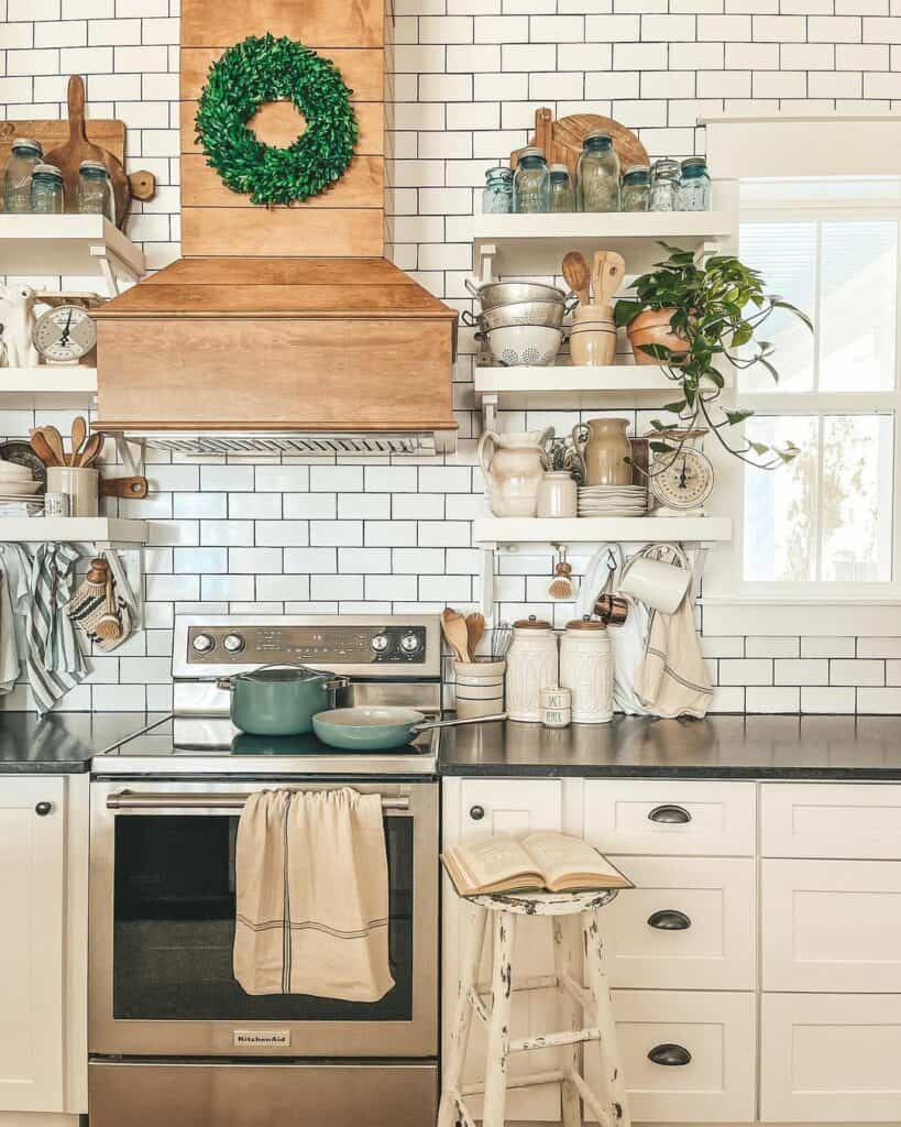 Rustic Kitchen with Subway Tile and Floating Shelves