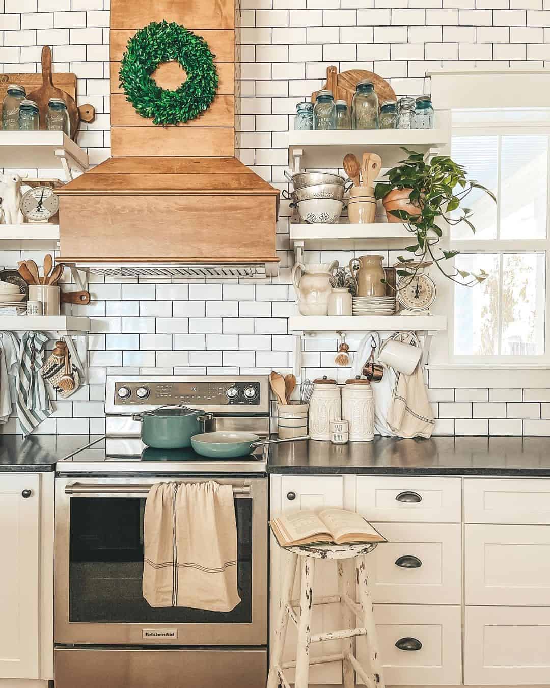 Rustic Kitchen with Subway Tile and Floating Shelves Soul & Lane
