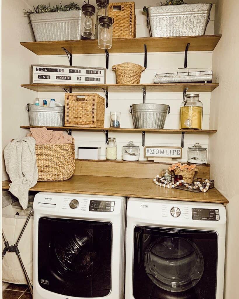 Rustic Laundry Room with Wood Shelving