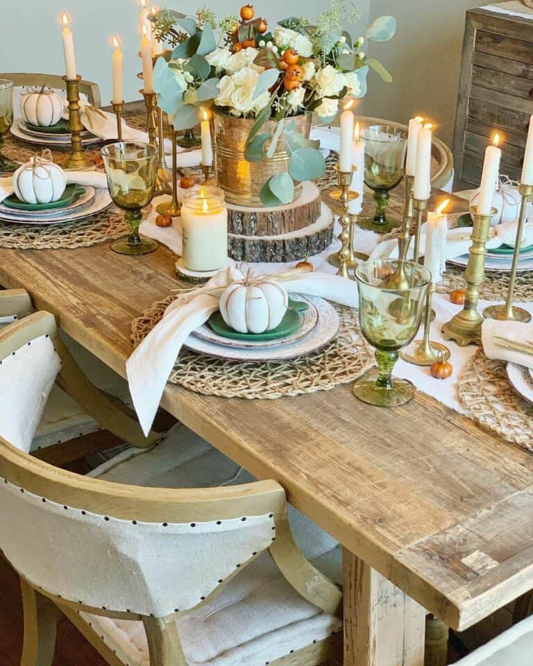 Rustic Light Wood Dining Table with Candlesticks