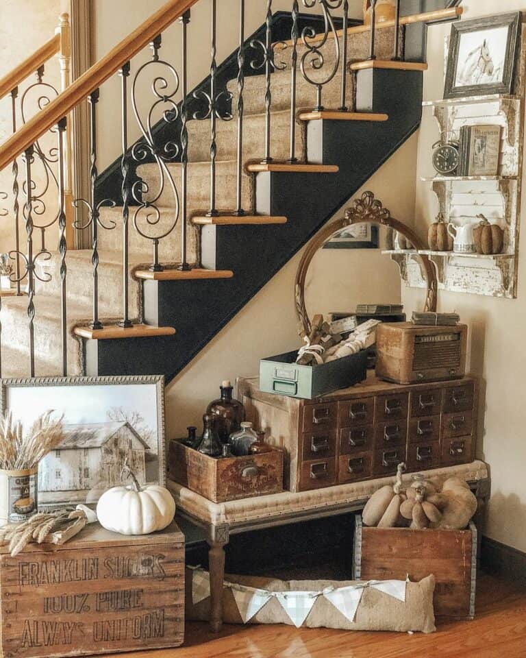 Rustic White Shelf Next to Wooden Stairs With a Carpet Runner