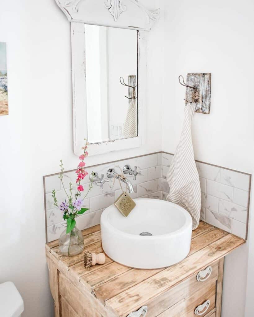 Rustic Wood Bathroom Countertop with Backsplash