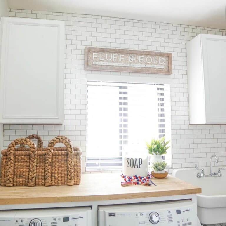 Rustic Wood Laundry Sign on Subway Tile