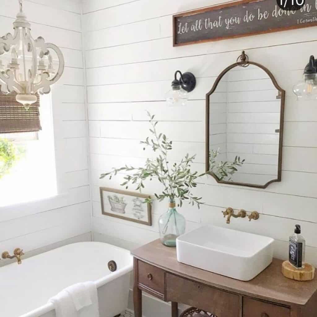 Shiplap Bathroom with Stained Wood Washstand