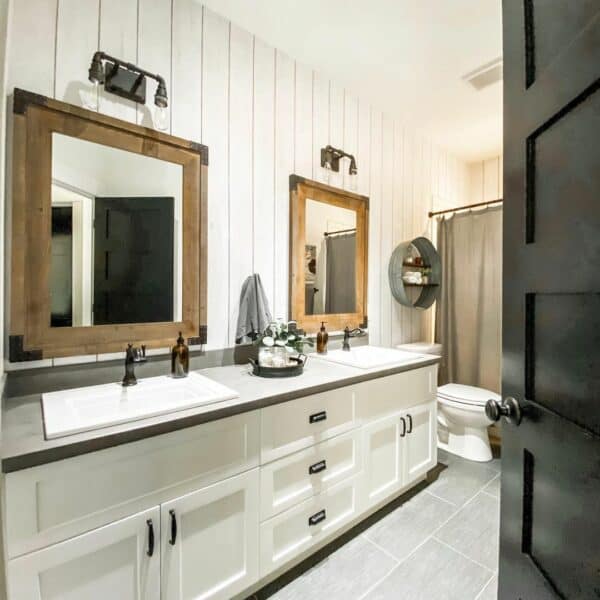 Shiplap Bathroom with White Double Sink Vanity - Soul & Lane