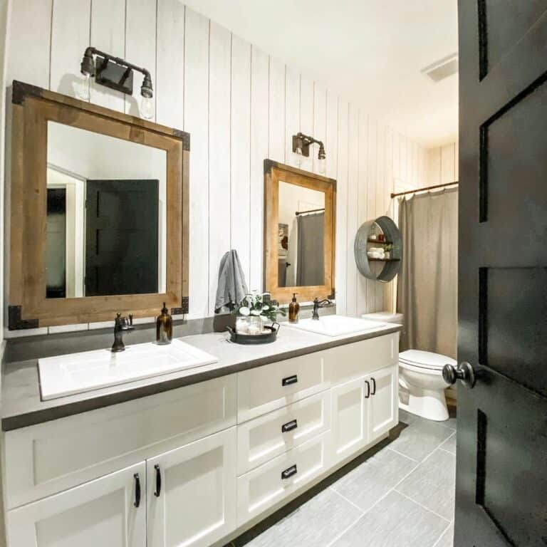 Shiplap Bathroom with White Double Sink Vanity