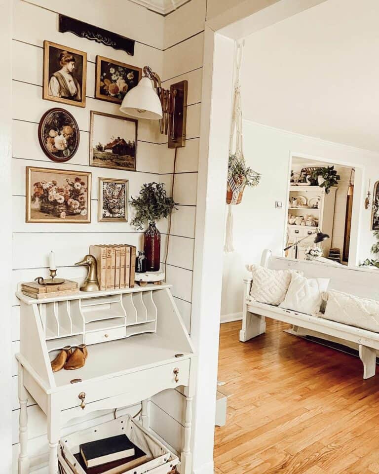 Shiplap Entryway with White Vintage Desk