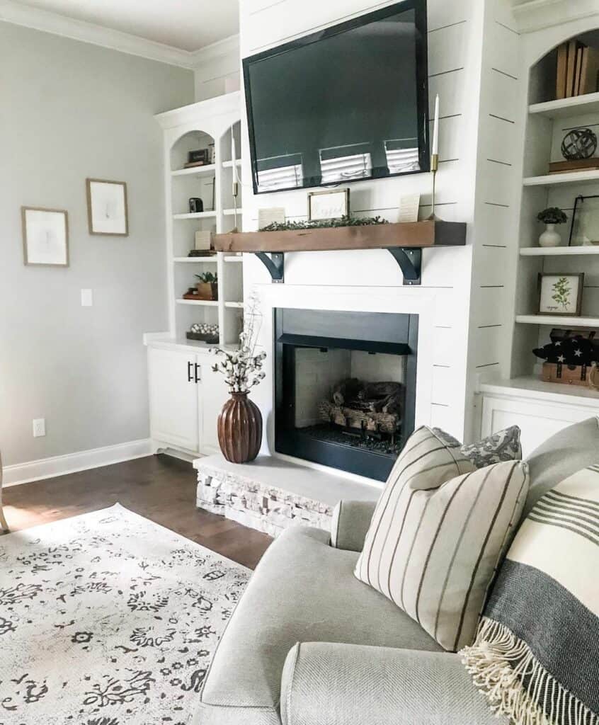 Shiplap Fireplace with Built-In Shelves