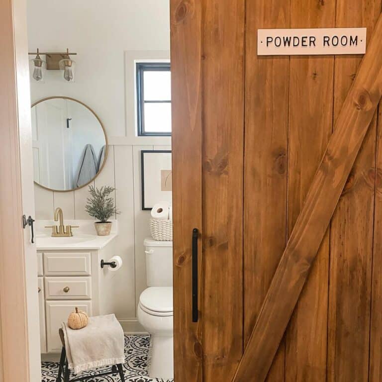 Shiplap Half Wall Powder Room with Barn Door