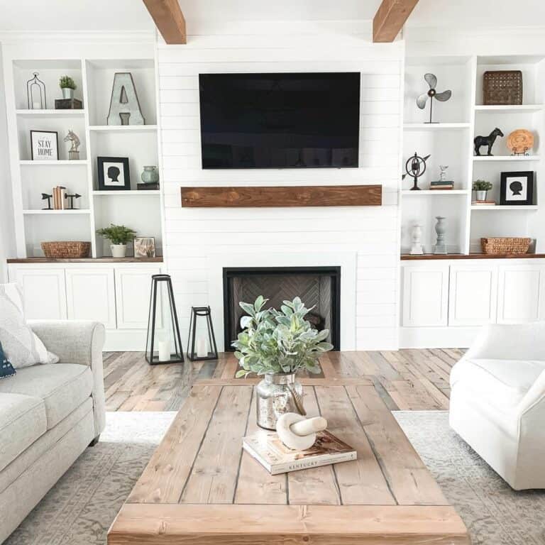 Shiplap Living Room with Ceiling Beams