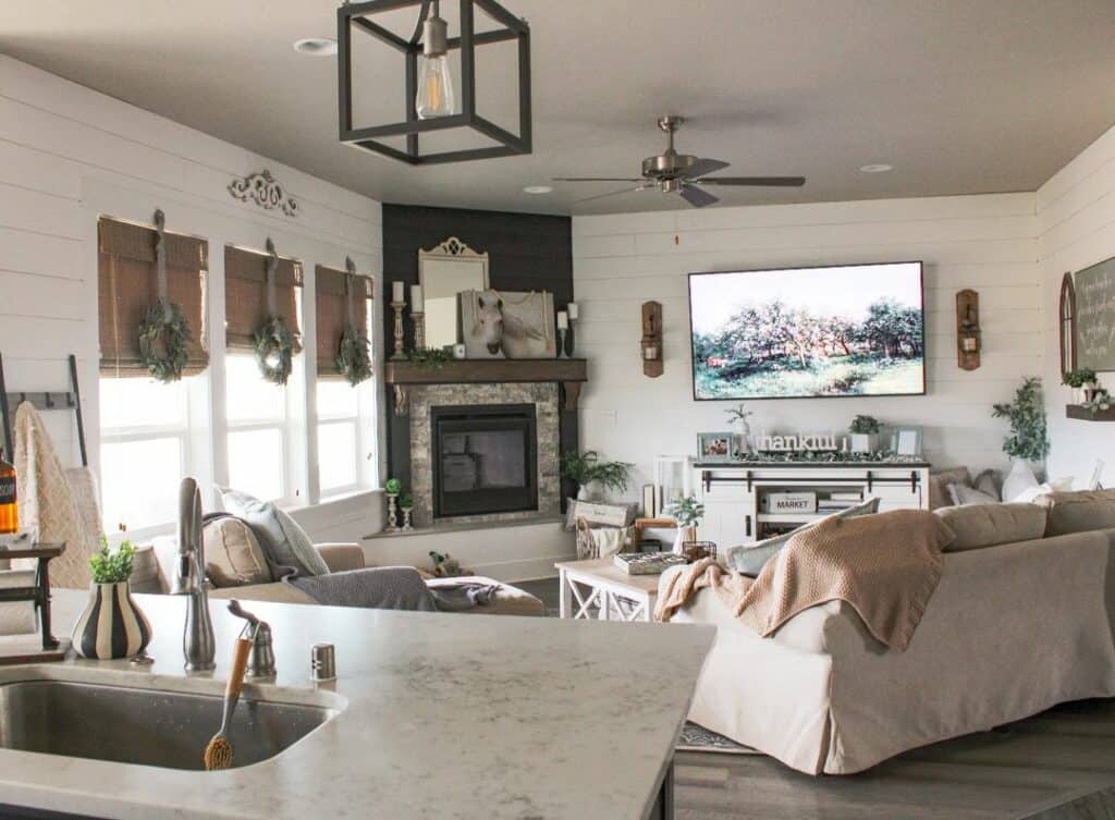 Shiplap Livingroom with Farmhouse Fireplace