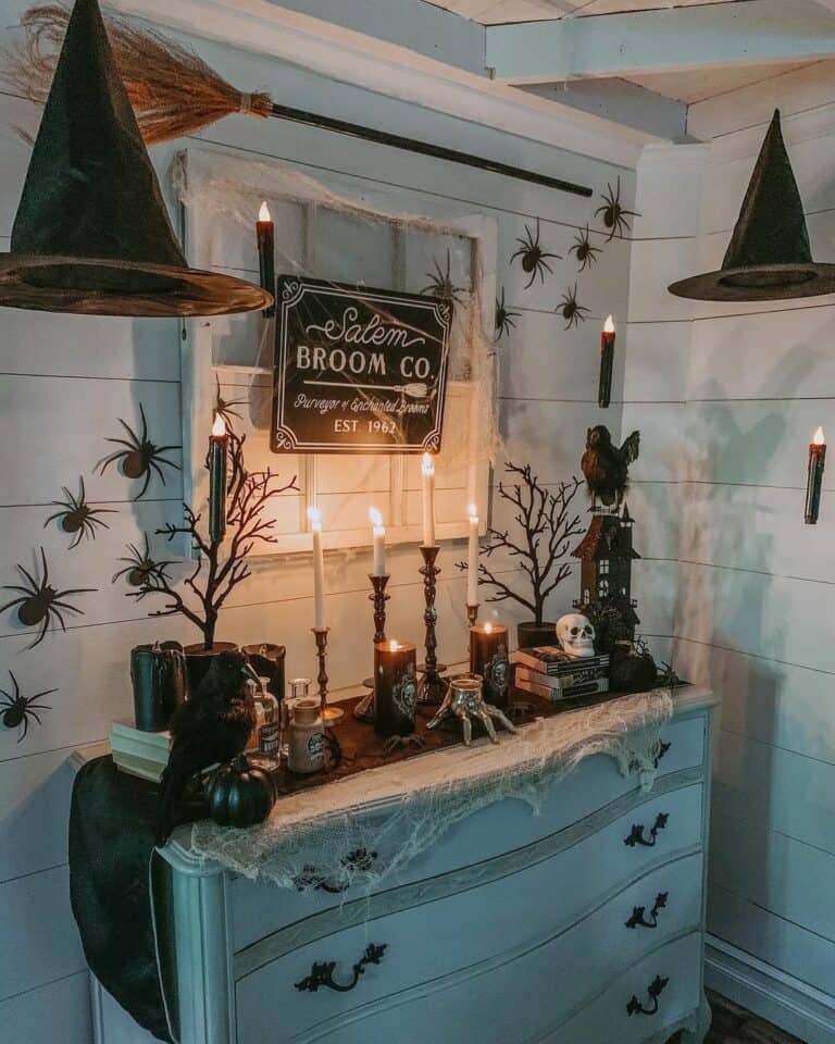 Shiplap Nook with Halloween Spider Decor