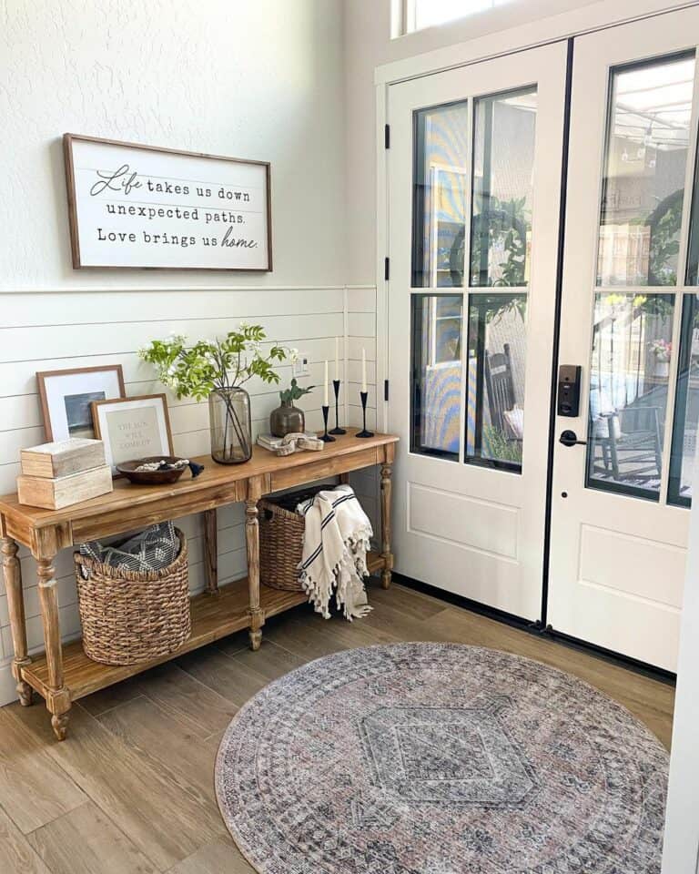Shiplap Wall Décor and White Front Doors