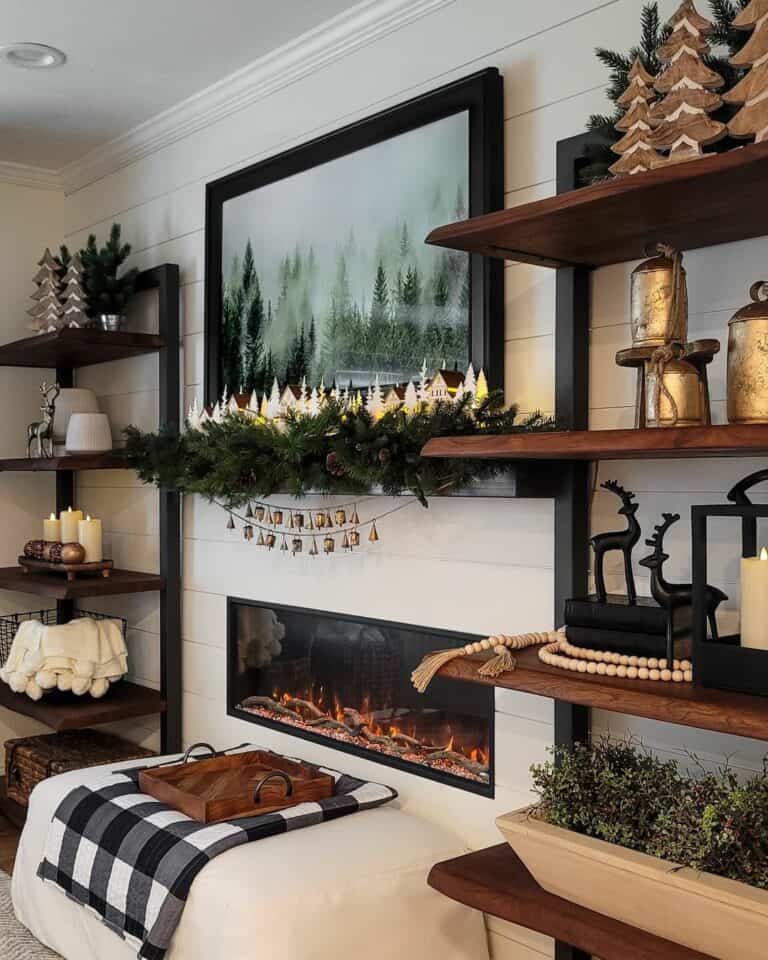 Shiplap Wall with Black Electric Fireplace Mantel