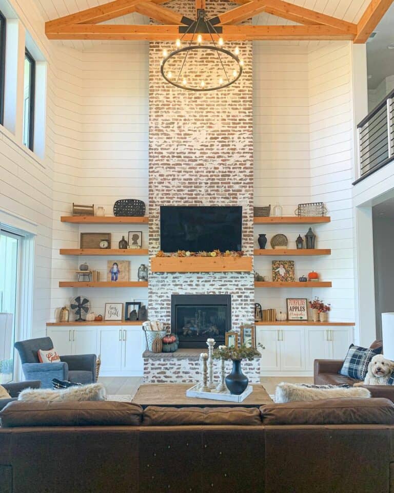 Shiplap Wall with a Whitewashed Brick Fireplace