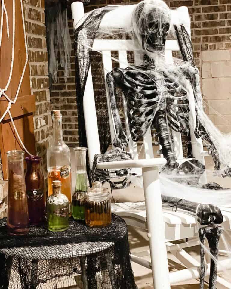 Skeleton Scene with Glass Bottles