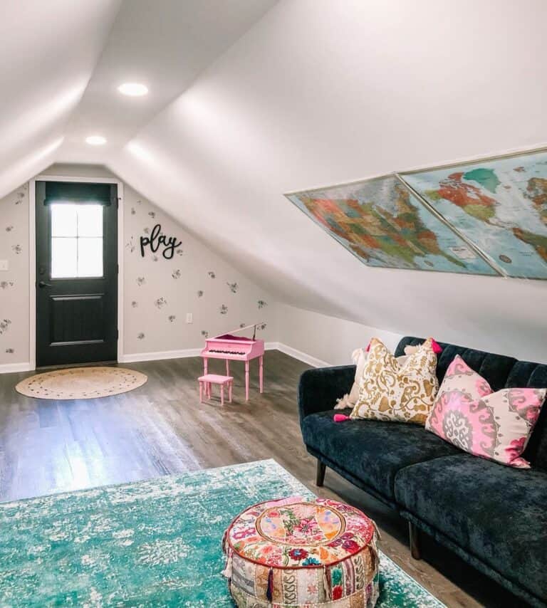 Sloped Ceiling Playroom with Pink Accents