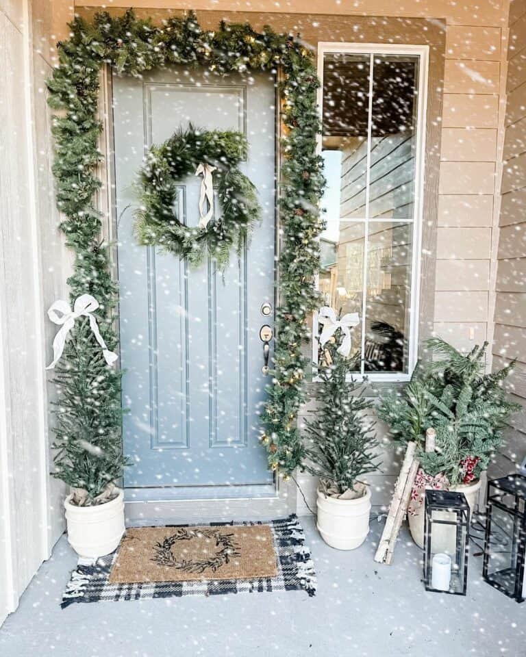 Snowy Winter Porch with Pine Garland