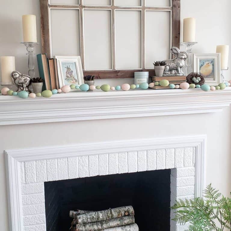 Spring Mantel Topped with Easter Egg Garland