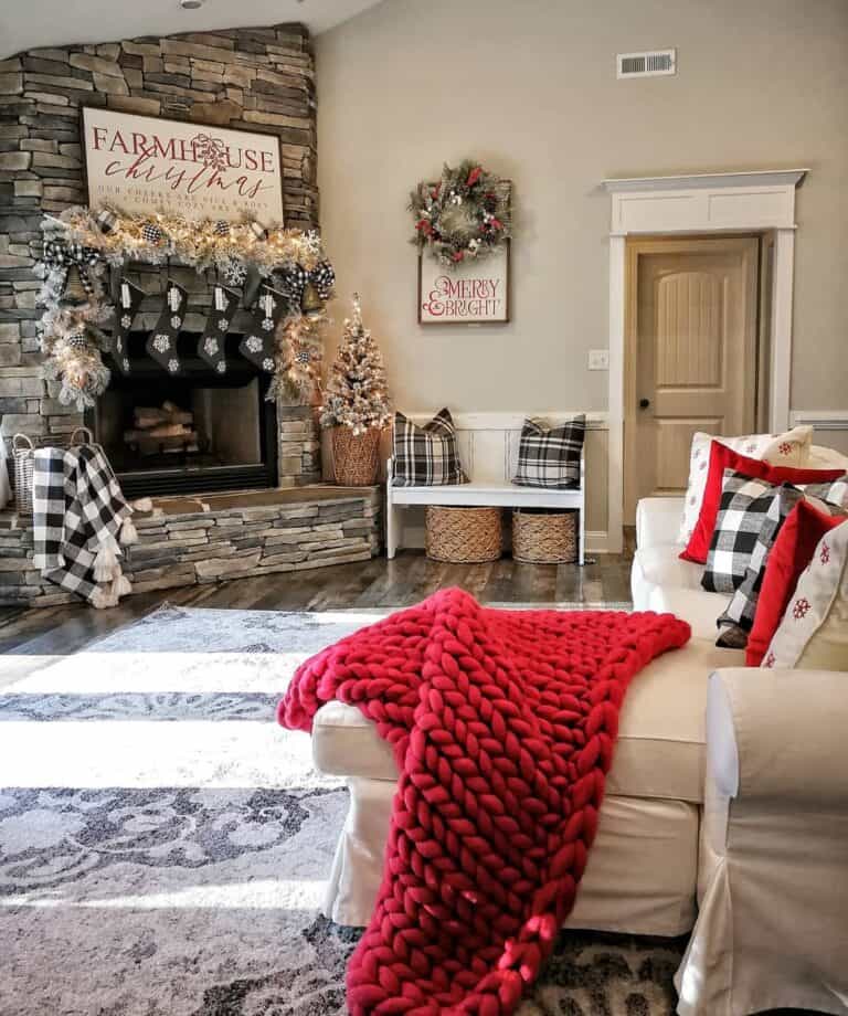 Stacked Stone Fireplace Wall in Living Room