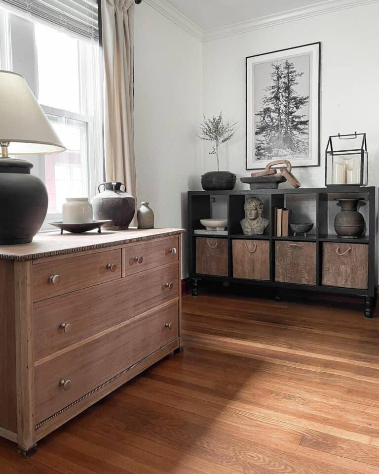 Stained Wood Chest of Drawers with Décor