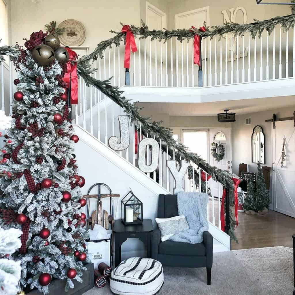 Staircase Descends into Farmhouse Christmas Living Room