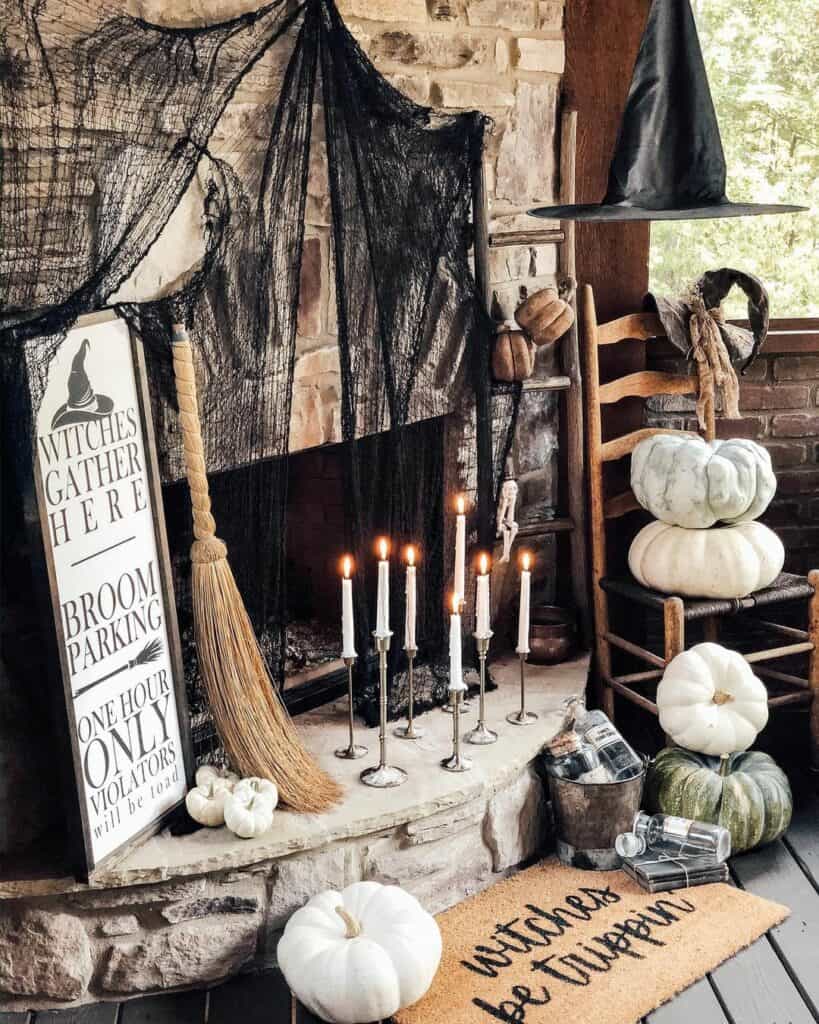 Stone Fireplace Decorated with Vintage Halloween Decor