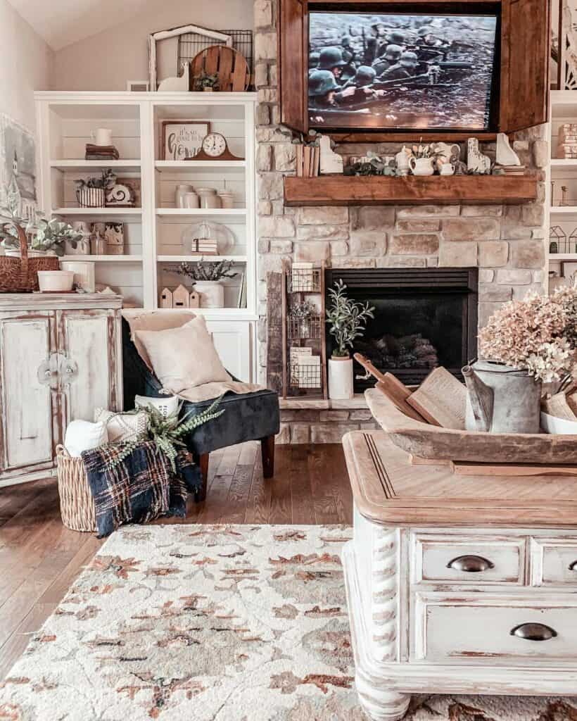 Stone Fireplace Living Room with Wood Mantel