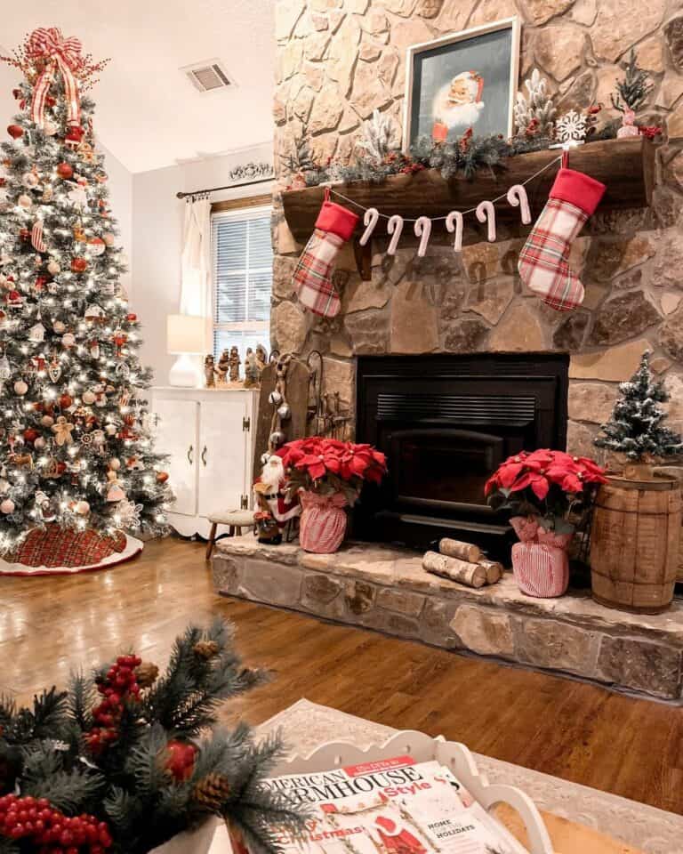Stone Fireplace with Festive Christmas Décor