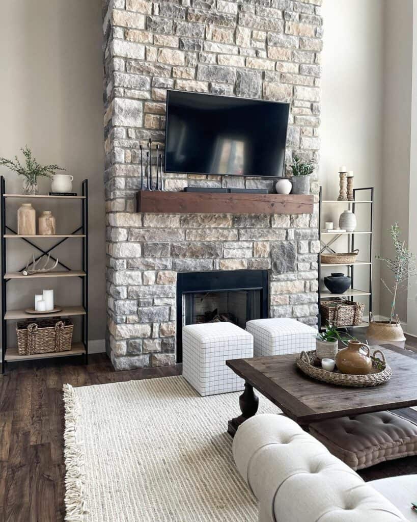 Stone Fireplace with Ottomans