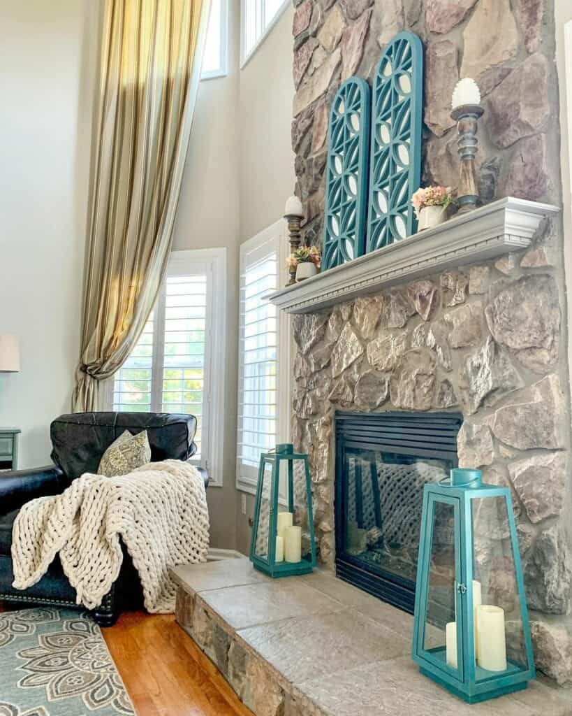 Stone Fireplace with Teal Accessories