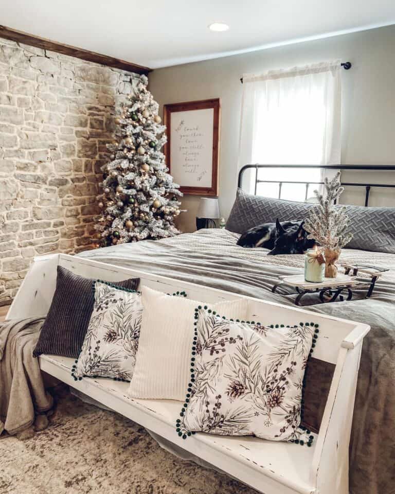 Stone Wall with Christmas Throw Pillows