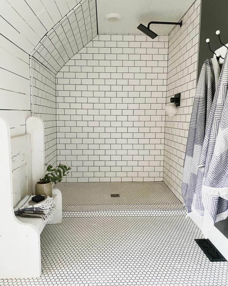 Subway and Hexagon Tiles in White Bathroom