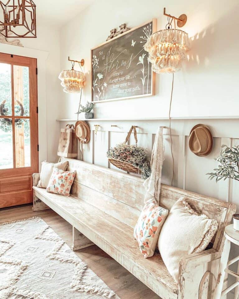 Tasseled Light Shades in Wood Bench Foyer