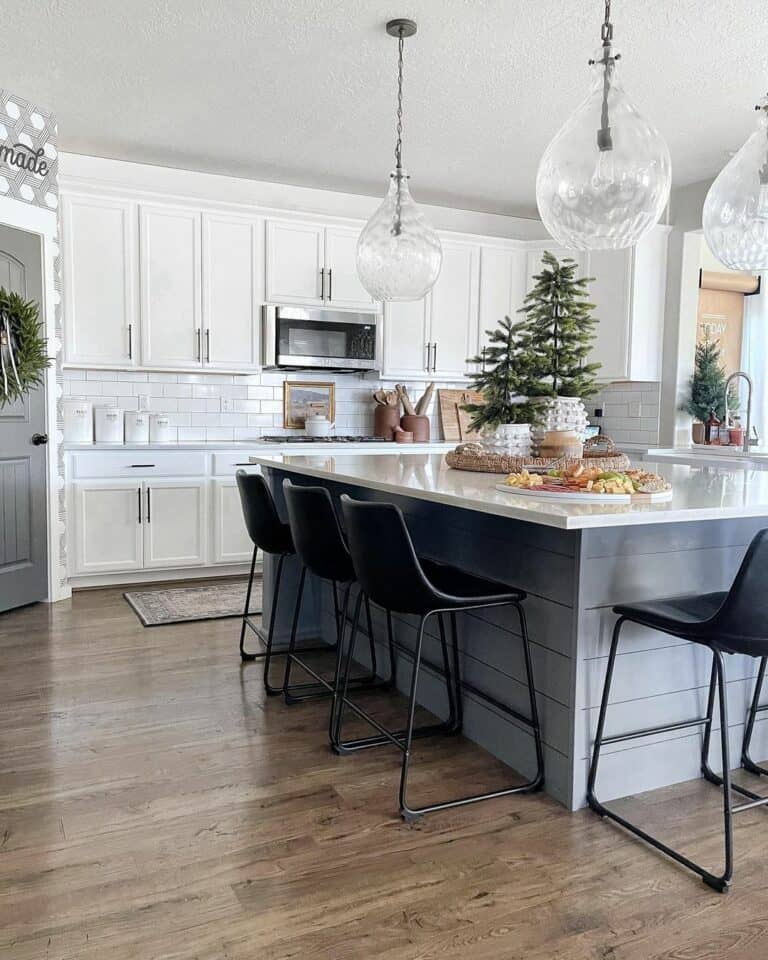 Teardrop Pendants and White Kitchen Cabinets