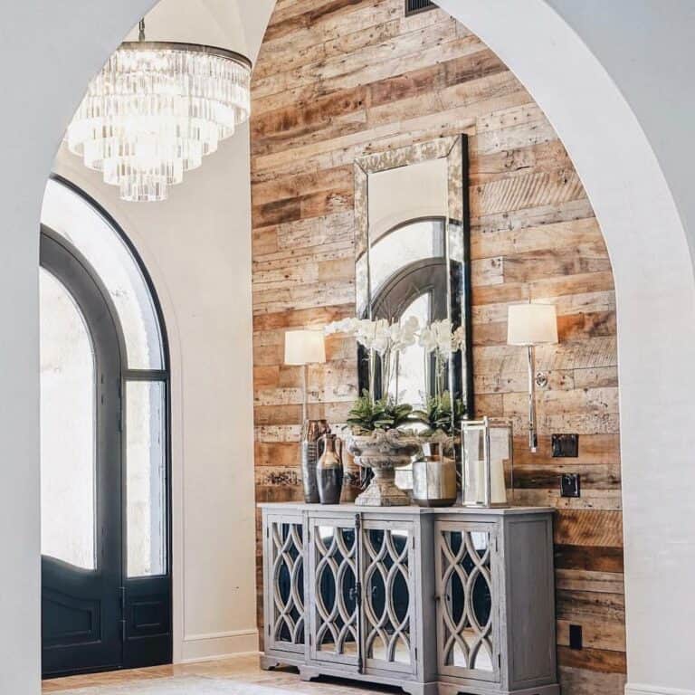 Tiered Chandelier and Reclaimed Wood Entryway