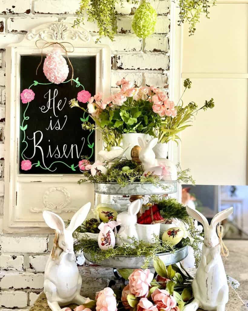 Tiered Metal Tray Showcases Easter Bunny Decorations