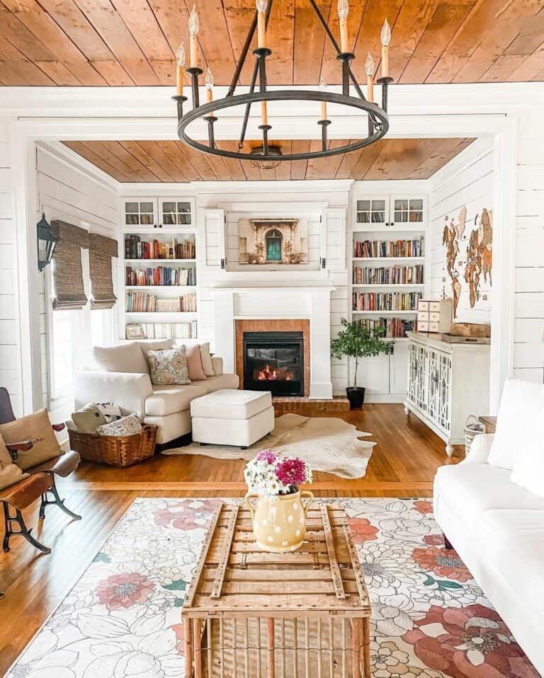Tongue-and-Groove Ceiling with Bookshelves