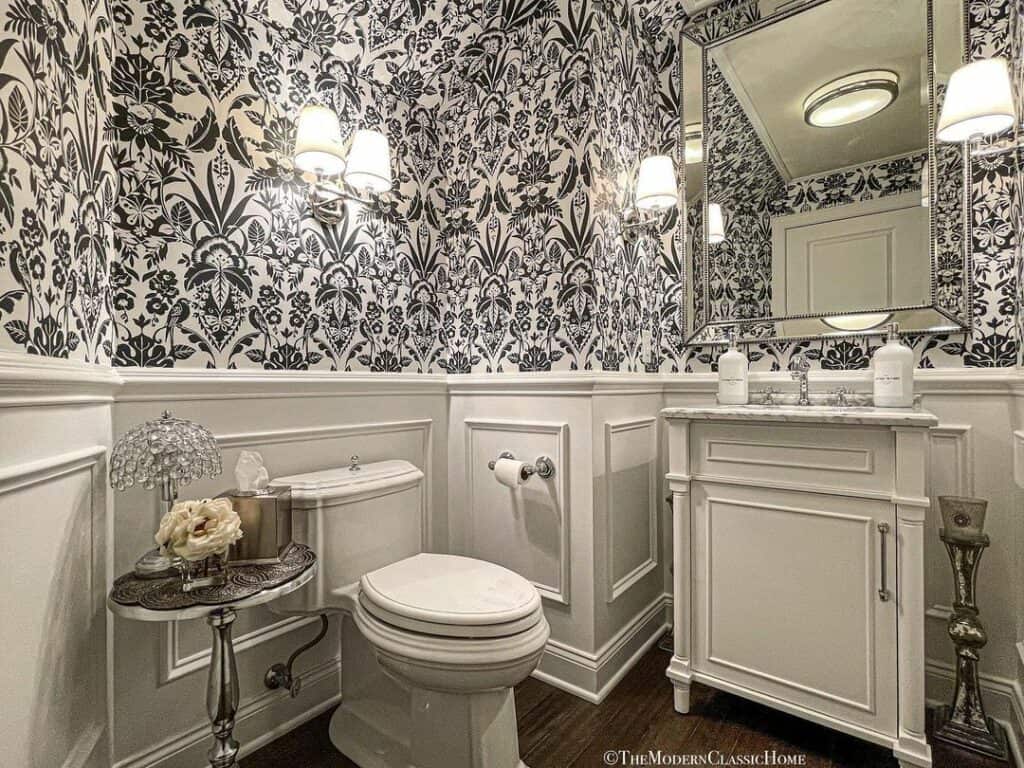 Traditional Blue Damask Powder Room