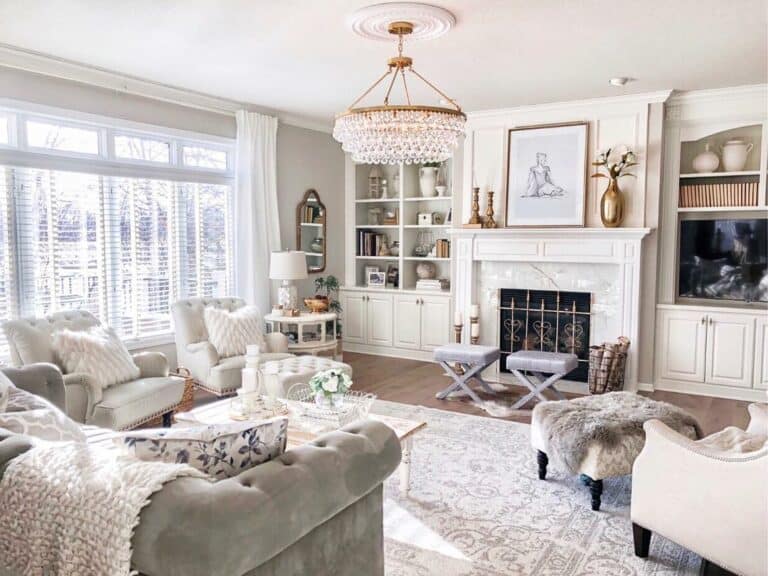 Tufted Gray Sofa and White Ottomans