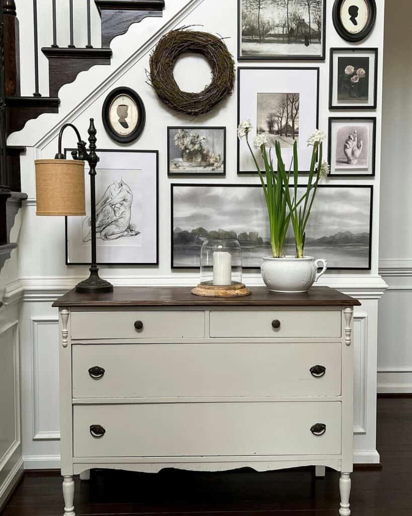 Two-Toned Dresser with Black Metal Table Lamp