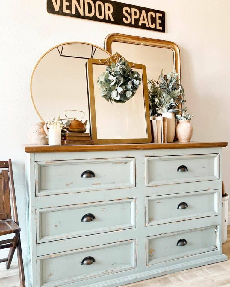 Two-Toned Light Blue Dresser with Gold Frame Mirrors