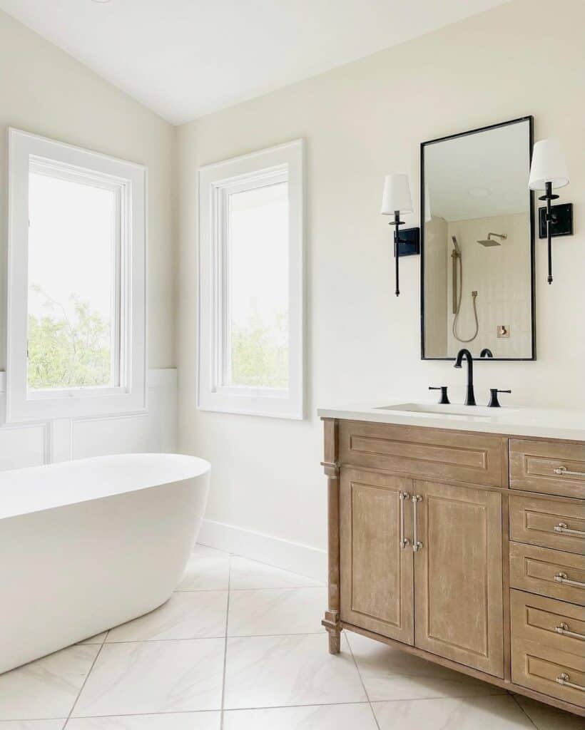 Two White Picture Frame Bathroom Windows