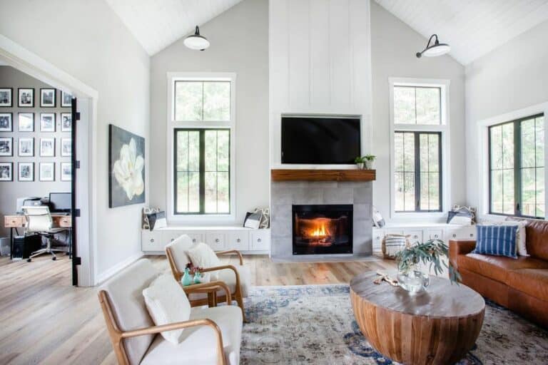 Vaulted Ceiling Farmhouse Living Room Fireplace