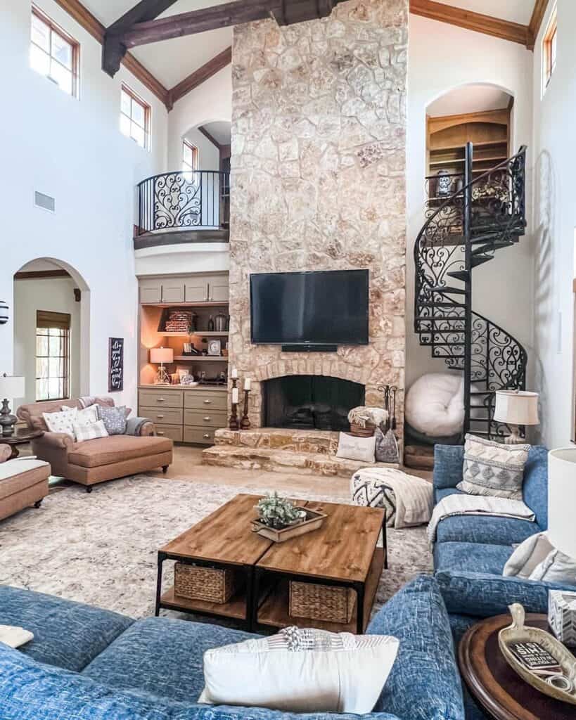 Vaulted Ceiling Living Room with Winding Staircase