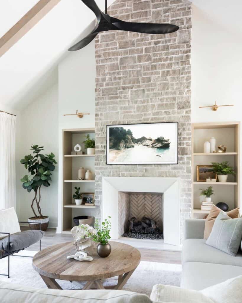 Vaulted Ceiling with Stone Chimney Fireplace