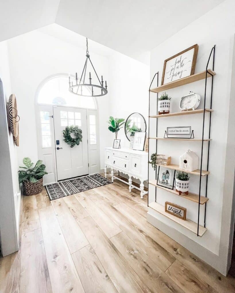 Vaulted Entryway with Light Wood Shelves